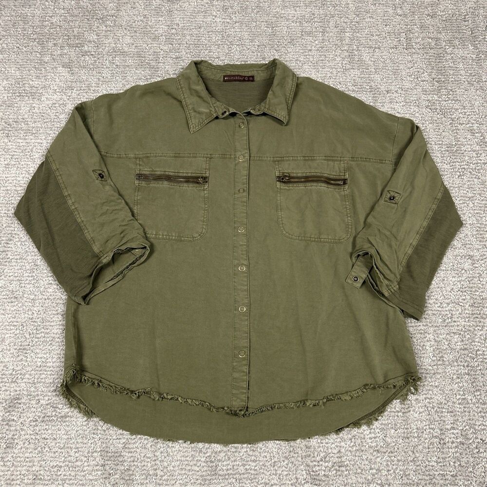 XCVI Wearables Knapp Utility Cargo Top Womens XL Snap Front Roll Sleeves Green